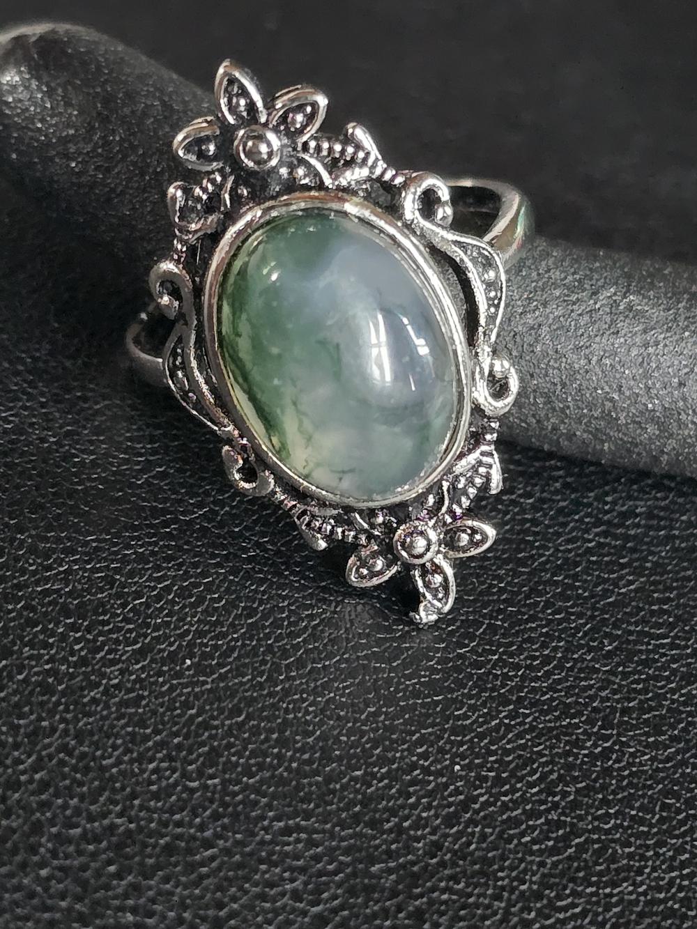 Sterling-Style Floral Green MossAgate Oval Ring - Women Jewelry